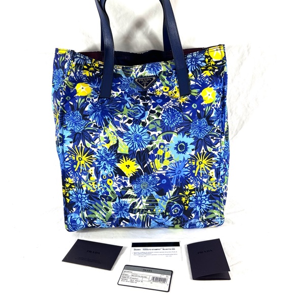 PRADA Blue Tessuto Stampat Floral Print Bluette Dis Tote Bag Made in Italy - Picture 1 of 17